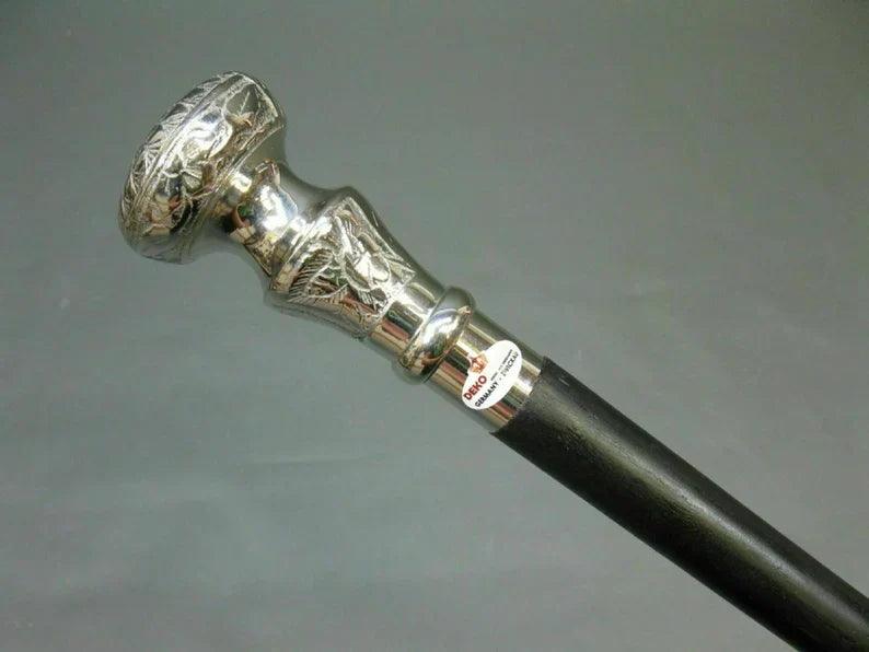 Silver Brass Handle Antique Victorian Cane Wooden Walking Stick - collectiblegiftitems