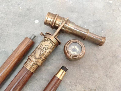 Victorian Telescope Compass On Top Spyglass Handle Walking Stick - collectiblegiftitems