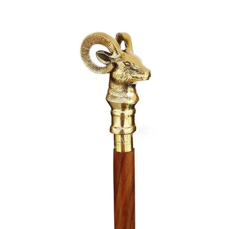 Mountain Goat Brass Handle Brown Wooden Walking Stick - collectiblegiftitems