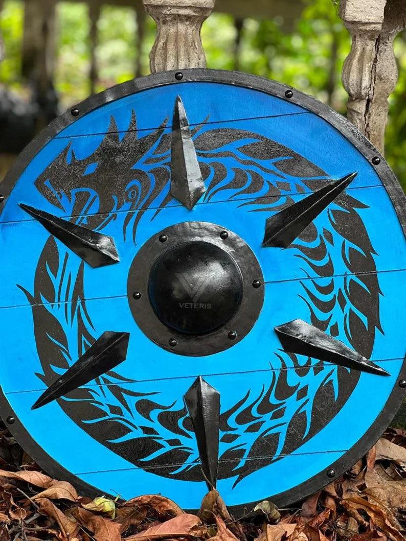 Viking Round Shield, 24 Inch Knight Battle Medieval Warrior Dragon Ship Armor Wooden Shield Best Wall Décor Gifts - collectiblegiftitems