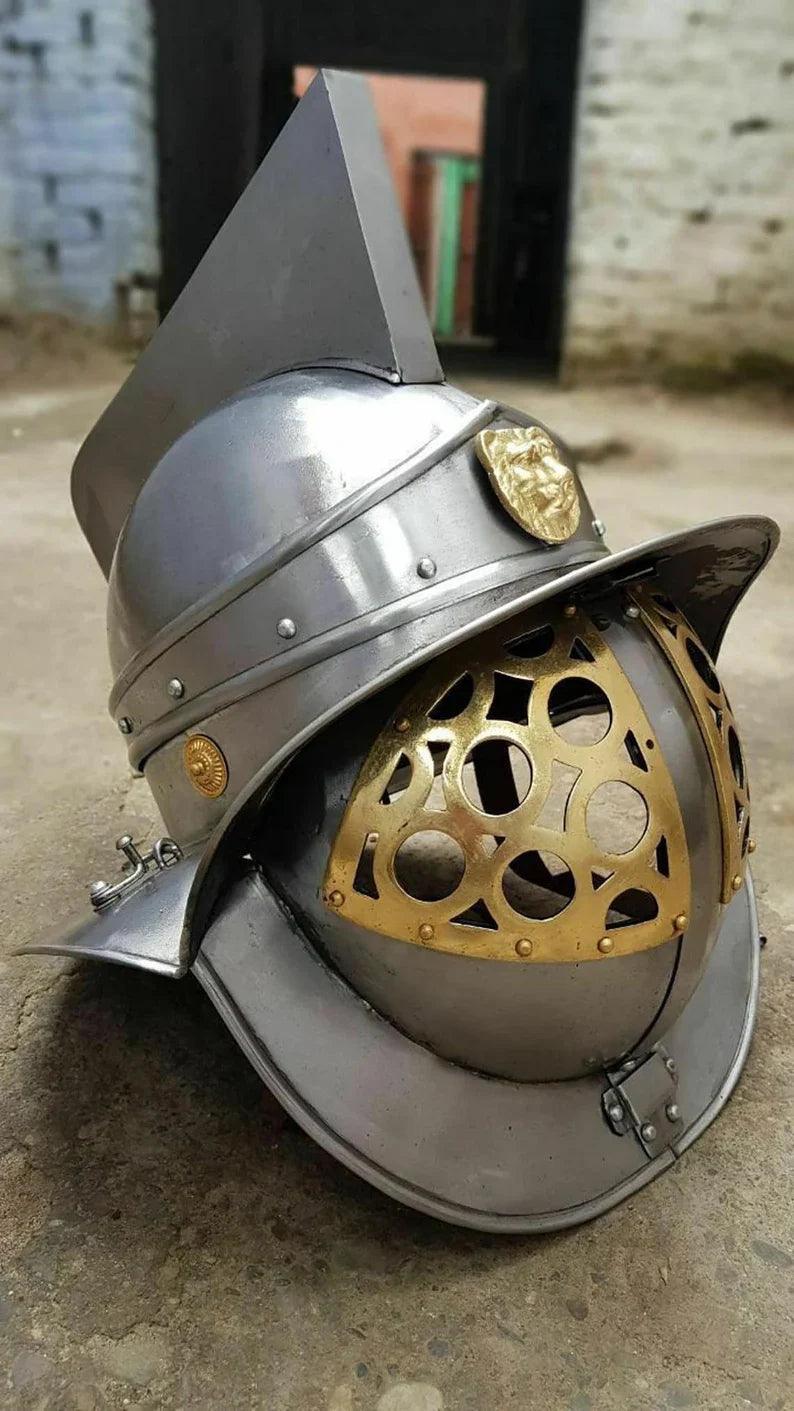 Medieval Larp Armour, Replica Murmillo Gladiator Helmet Medieval Knight Crusader Armor with Free Wooden Stand - collectiblegiftitems