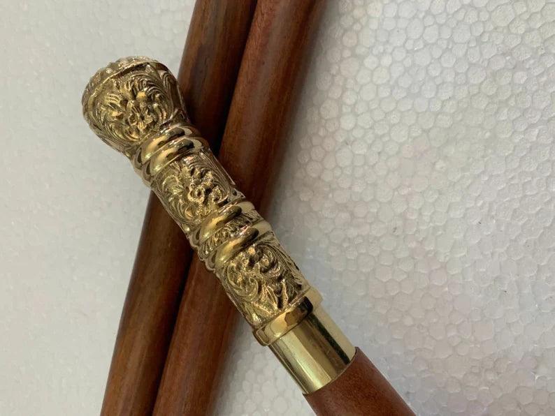 Long Antique Brass Handle Imperial Style Walking Stick - collectiblegiftitems