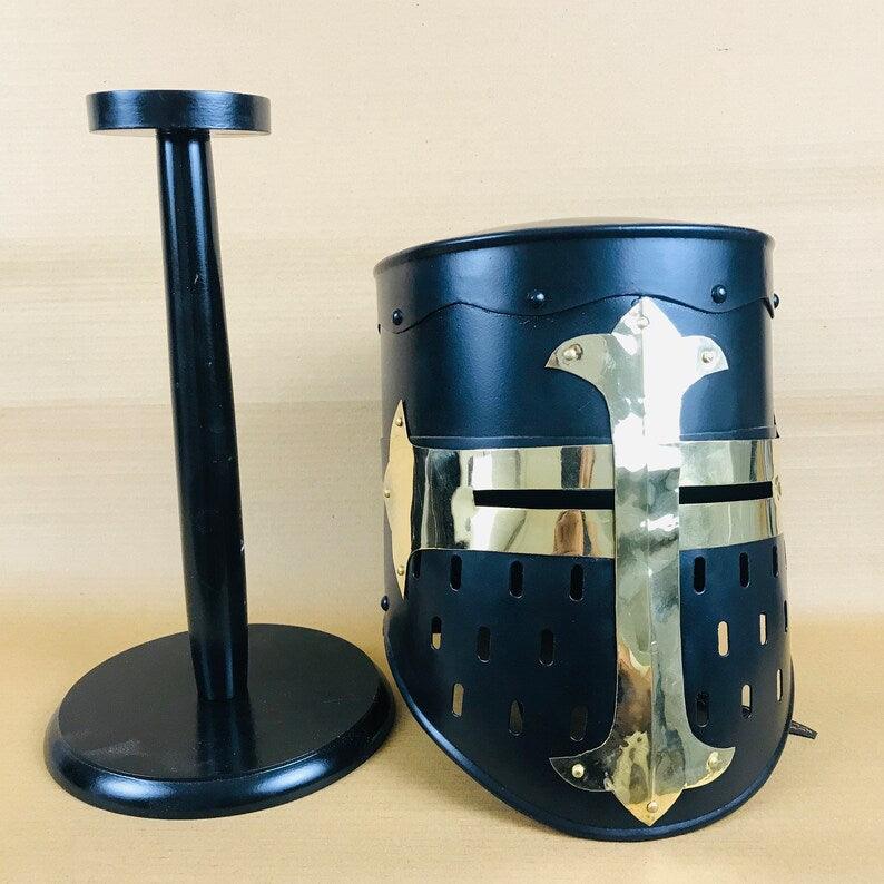 Black Design Medieval Knight Armor Crusader Viking Templar Helmet Helm Mason's Brass Cross Free Wooden Stand - collectiblegiftitems