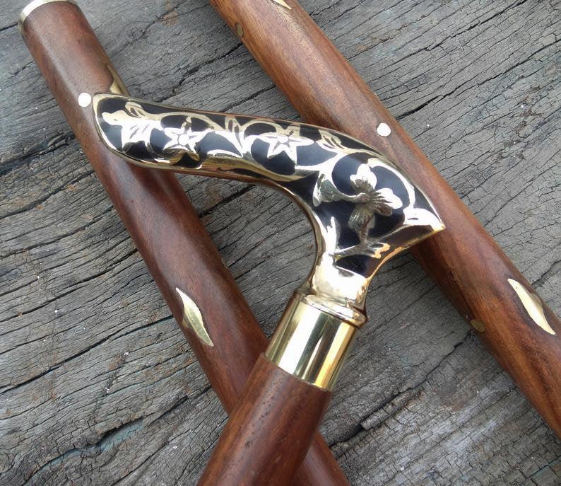 Black Flower Brass Handle Wooden Walking Stick, Hiking Stick Wands - collectiblegiftitems