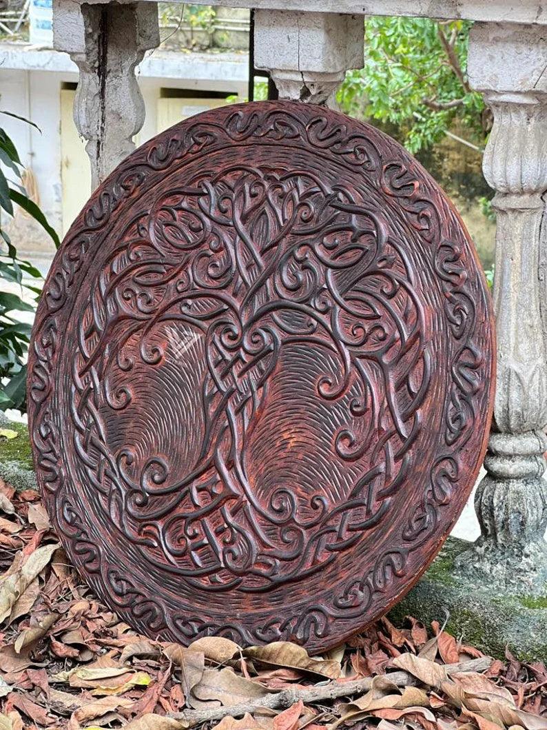 Viking Round Carving Shield, 24 Inch Knight Battle Medieval Warrior Ship Armor Wooden Shield Best Wall Décor Gifts - collectiblegiftitems