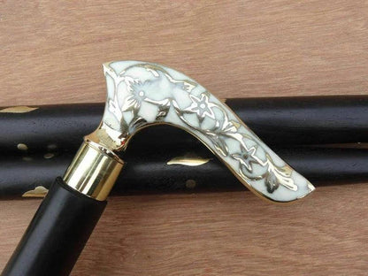 White Flower Leaf Victorian Handle brass walking stick - collectiblegiftitems