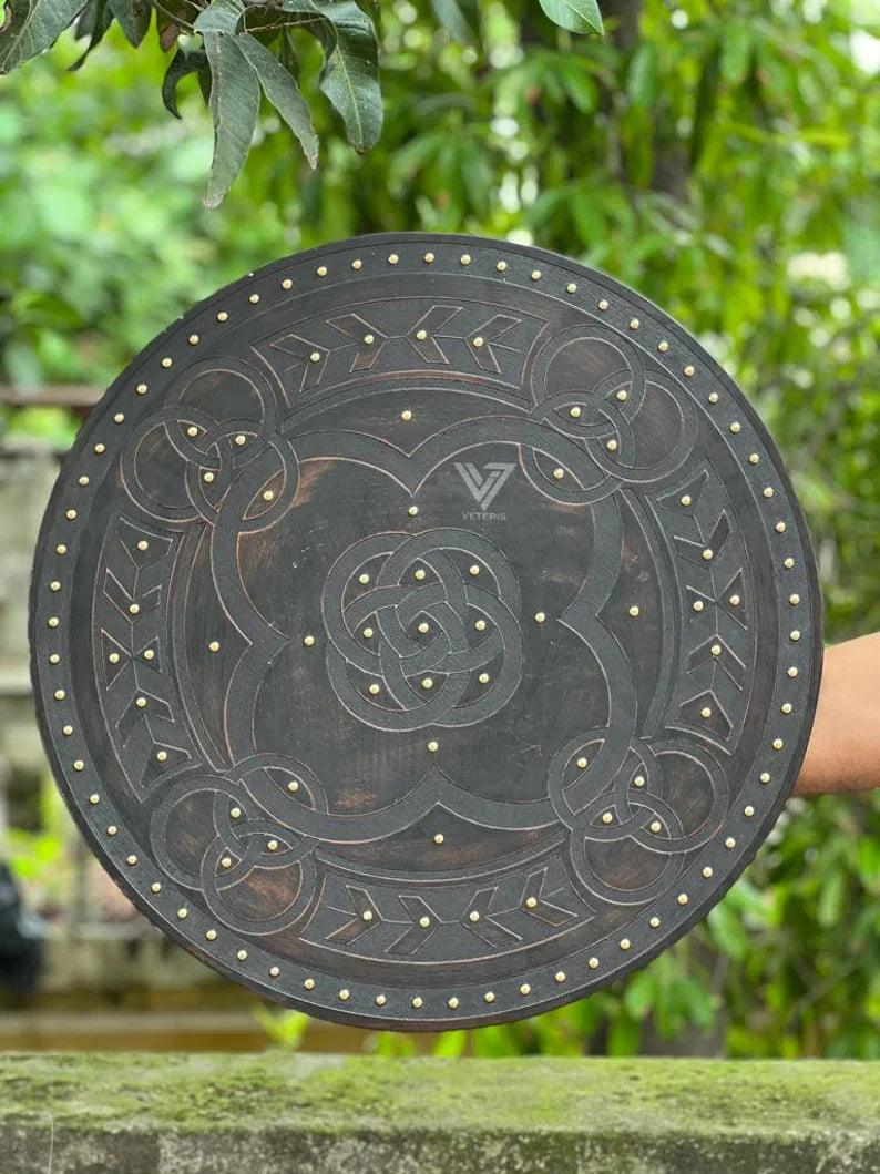 Medieval Celtic Five Fold Carved Round Viking Shield Templar Armor - collectiblegiftitems