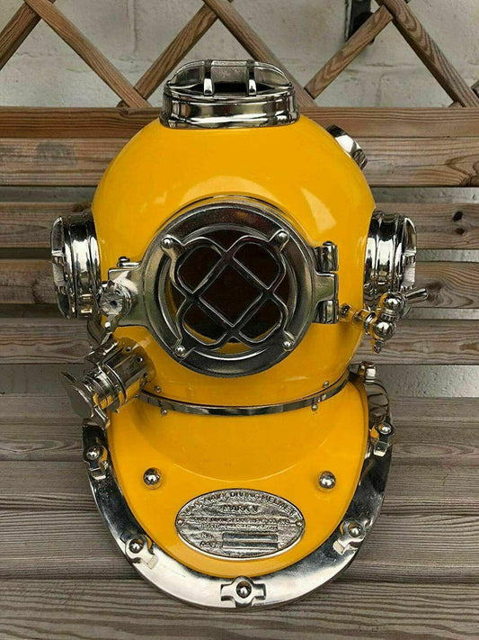 Diving Helmet Vintage Marine Boston Yellow Brass Scuba Divers US Navy Mark IV - collectiblegiftitems