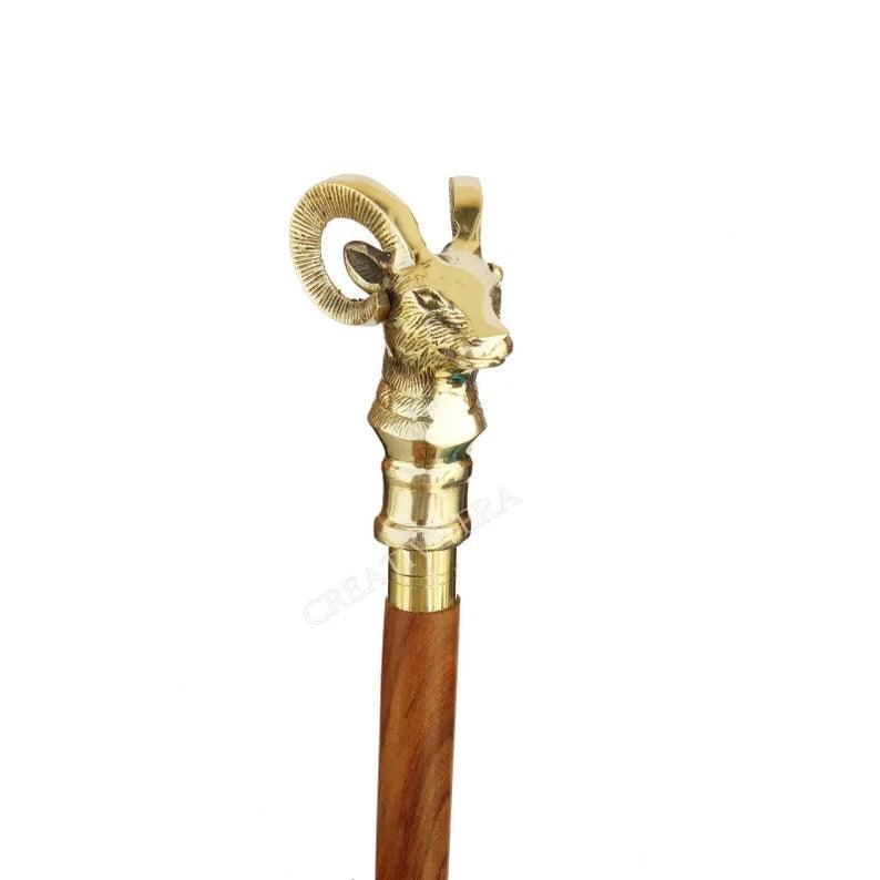 Mountain Goat Brass Handle Brown Wooden Walking Stick - collectiblegiftitems