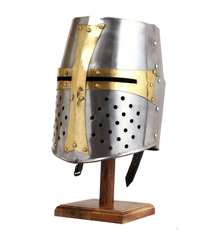 Medieval Helmet Wooden Stand Crusader Templar Knight LARP Helmet Cosplay Armor - collectiblegiftitems