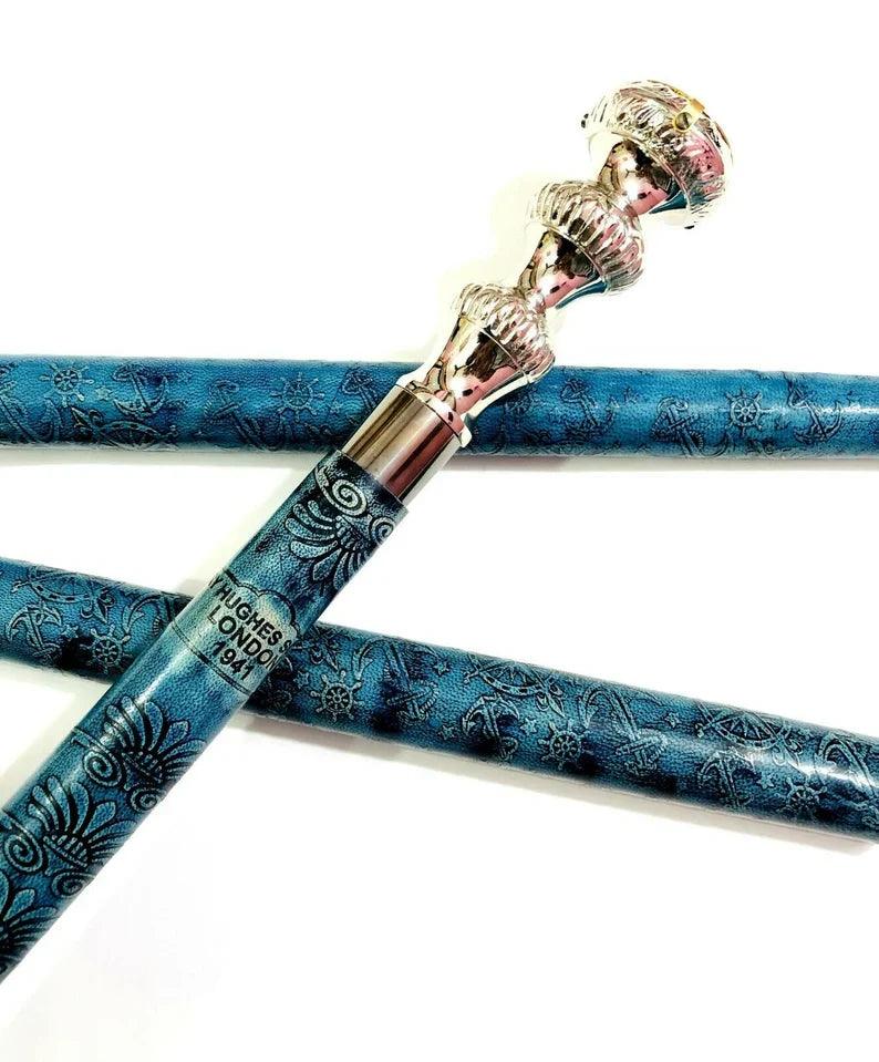 Brass blue leather finish wooden walking stick canes - collectiblegiftitems