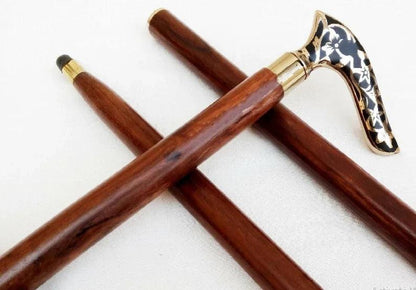 Black Flower Brass Handle Wooden Walking Stick, Hiking Stick Wands - collectiblegiftitems