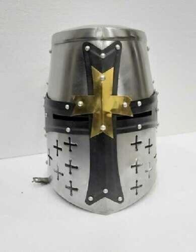 Medieval Knight Armor Crusader Templar Helmet Brass Helm Mason's gift Cross LARP - collectiblegiftitems