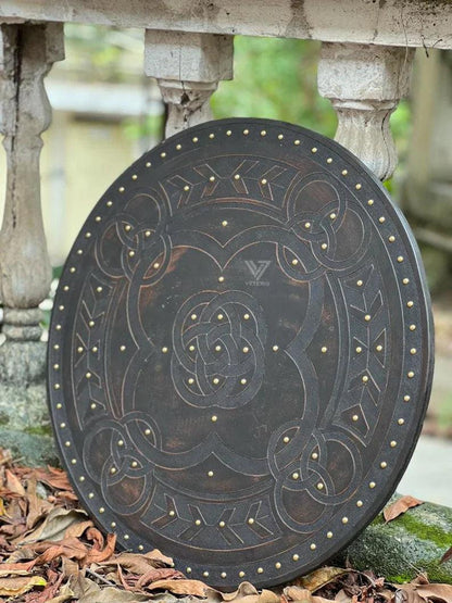 Medieval Celtic Five Fold Carved Round Viking Shield Templar Armor - collectiblegiftitems