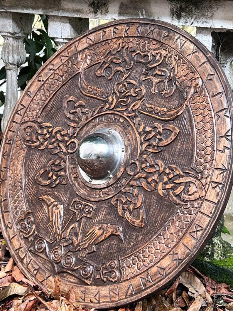 Viking Round Dragon Shield - Hand-Carved Wooden Shield - Norse Inspired Decor - collectiblegiftitems