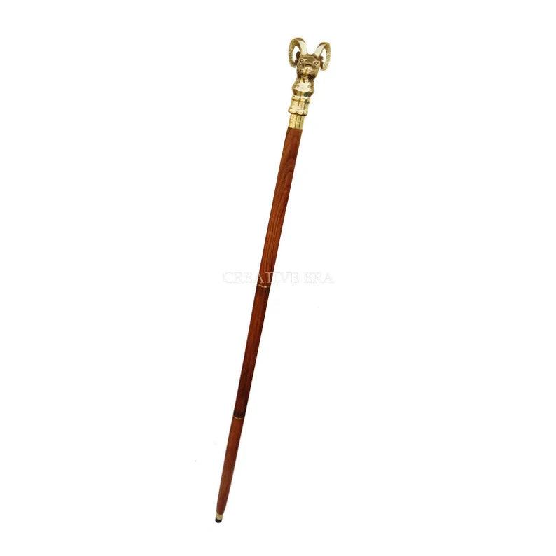 Mountain Goat Brass Handle Brown Wooden Walking Stick - collectiblegiftitems