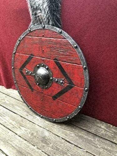 Medieval Round Viking Shield Red & Black Authentic Design Templar LARP Norse Battleworn Wood & Iron Shield for Home Decor (24 Inch) - collectiblegiftitems