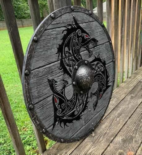 Medieval Fenrir Grey Wolf Shield Authentic Bettleworn Viking Battle Ready Shield Handmade Battle Warrior Shield - collectiblegiftitems