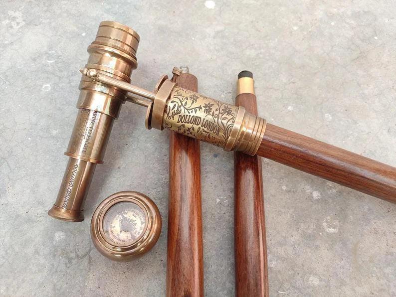 Victorian Telescope Compass On Top Spyglass Handle Walking Stick - collectiblegiftitems