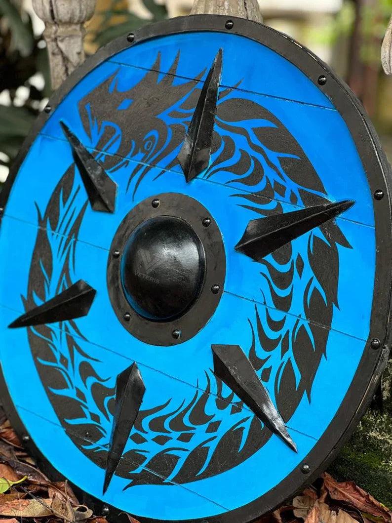 Viking Round Shield, 24 Inch Knight Battle Medieval Warrior Dragon Ship Armor Wooden Shield Best Wall Décor Gifts - collectiblegiftitems