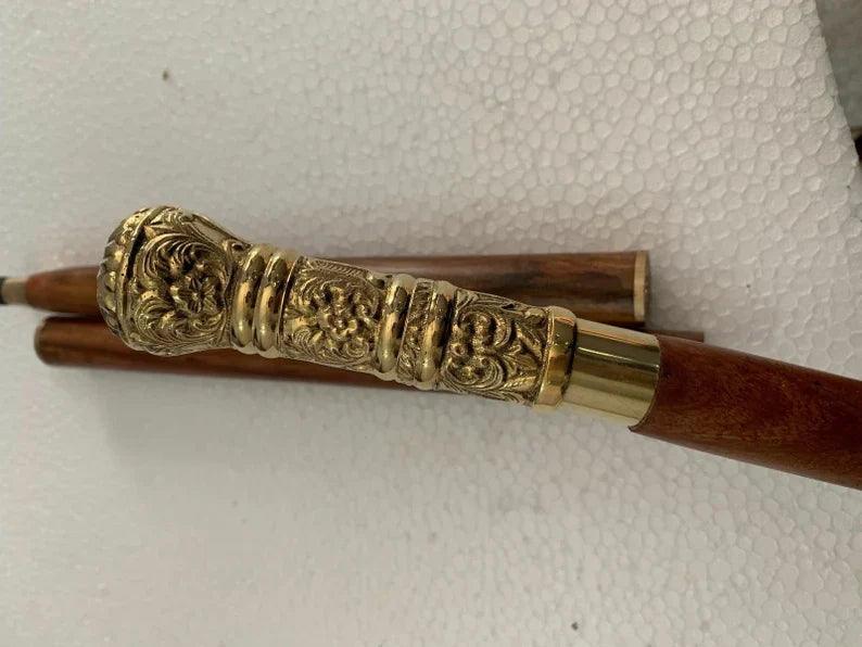 Long Antique Brass Handle Imperial Style Walking Stick - collectiblegiftitems