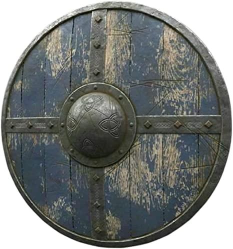 Viking Shield | Brown & Blue Medieval LARP & Battle-Ready Round Wooden Shield - collectiblegiftitems