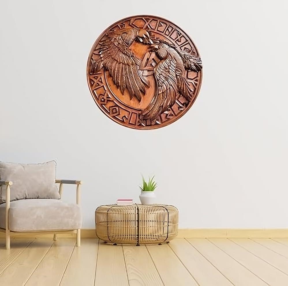 Wooden viking shield, Viking symbol Raven, Viking decor wall art Odin Hugin and Munin Round shiel - collectiblegiftitems