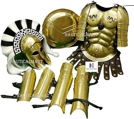 Roman Muscle Cuirass with Shoulder Armor Greek Corinthian Helmet + 300 Spartan Leg Arm Guard & Shield Medieval Knight LARP Halloween Costume - collectiblegiftitems