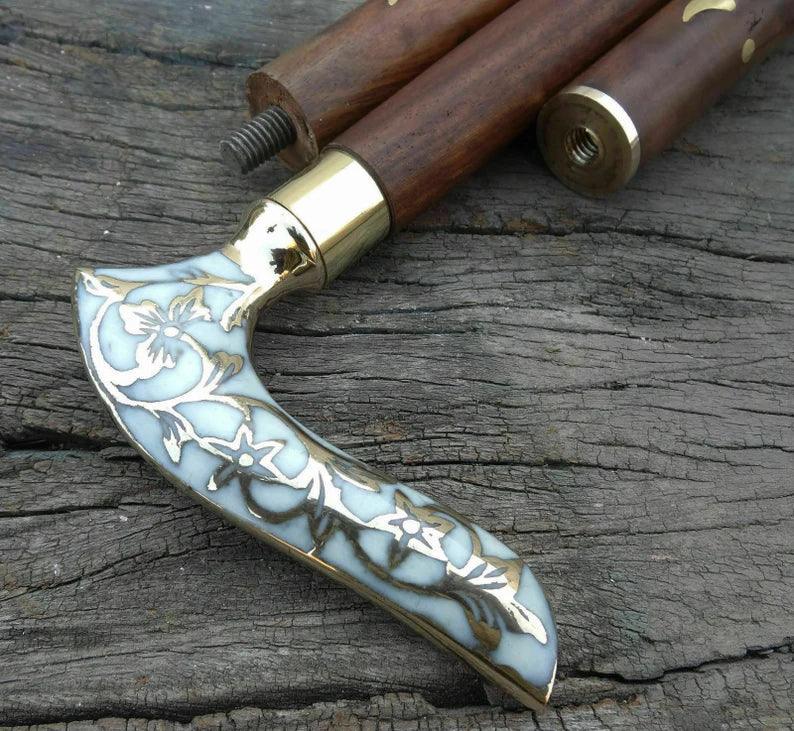 White Flower Leaf Victorian Handle brass walking stick - collectiblegiftitems