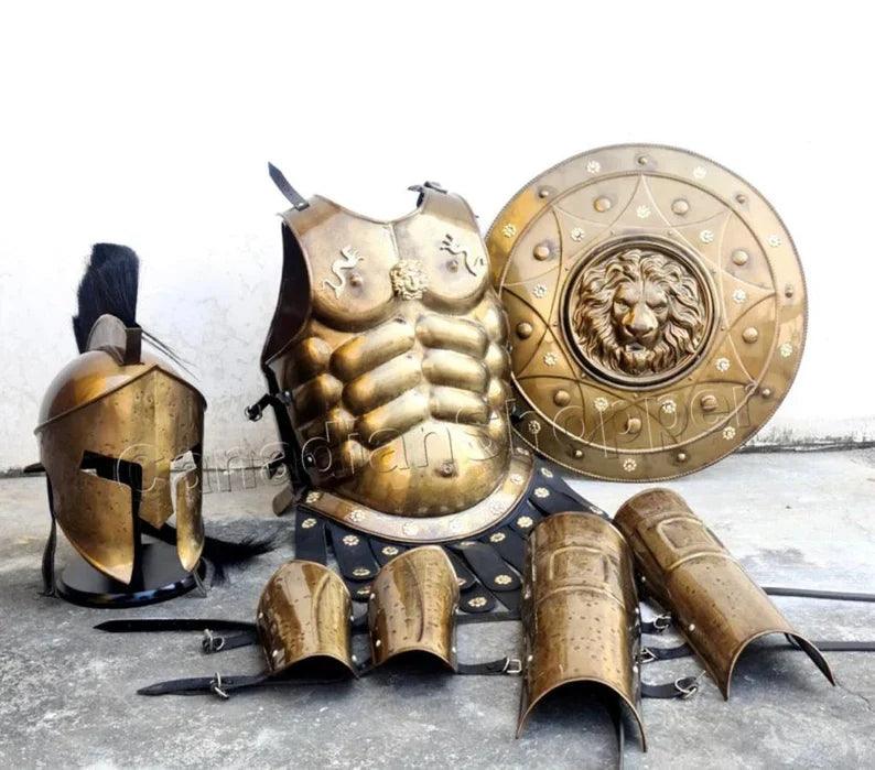 Muscle Jacket With Armor Spartan Helmet, Shield, Halloween Medieval Greek Costumes ~ 300 Movie Christmas Gift Home Décor - collectiblegiftitems