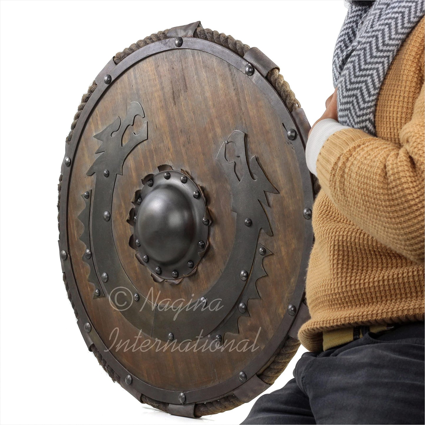 Mittelalterlicher hölzerner Wikinger-Rüstungsschild mit fliegendem Drachen, Antik-Finish, 24" 