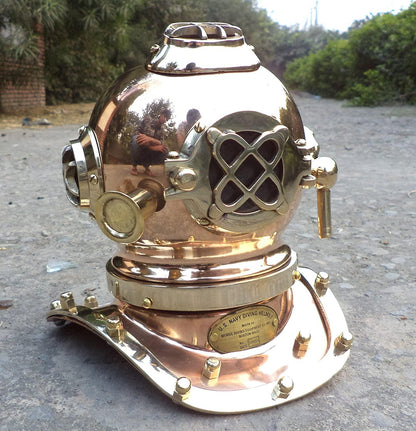 Antique Marine Mini Diving Helmet Replica Mark Us Navy Nautical Copper and Brass - collectiblegiftitems