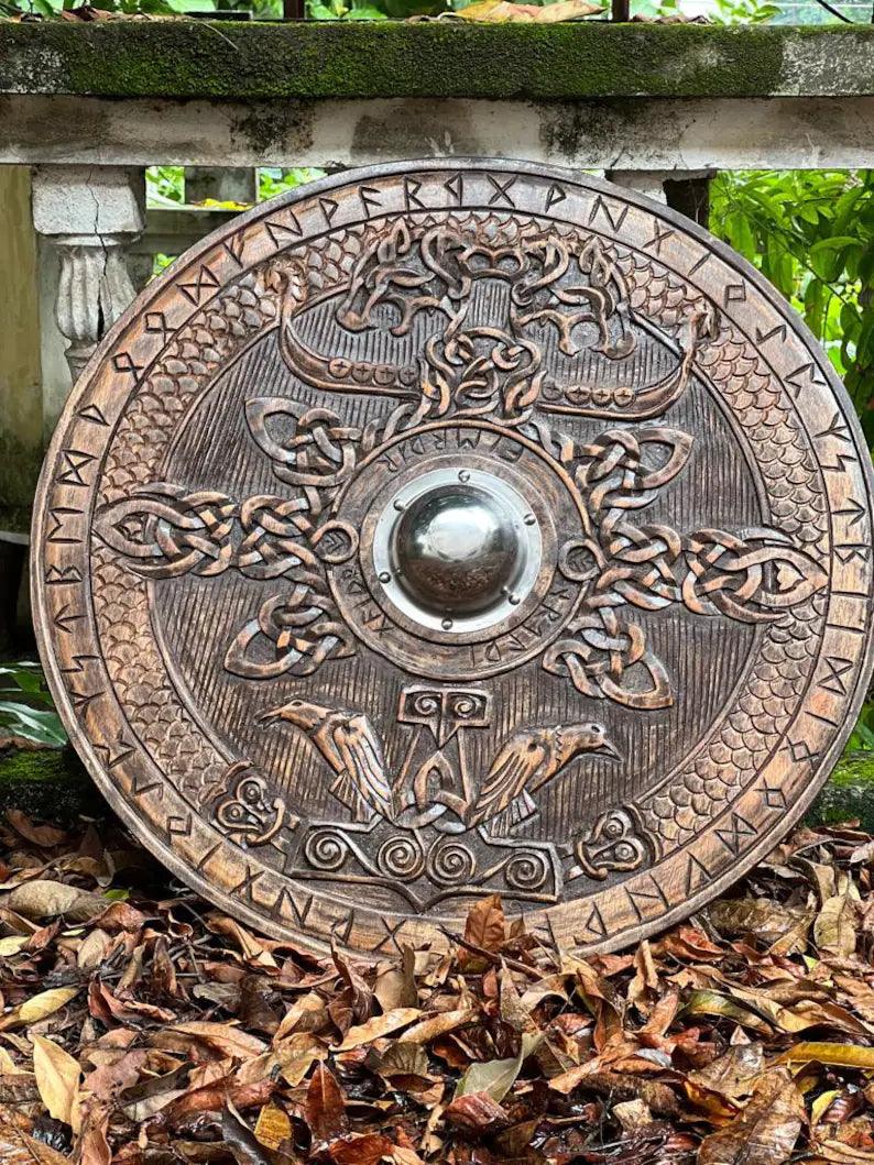 Viking Round Dragon Shield - Hand-Carved Wooden Shield - Norse Inspired Decor - collectiblegiftitems