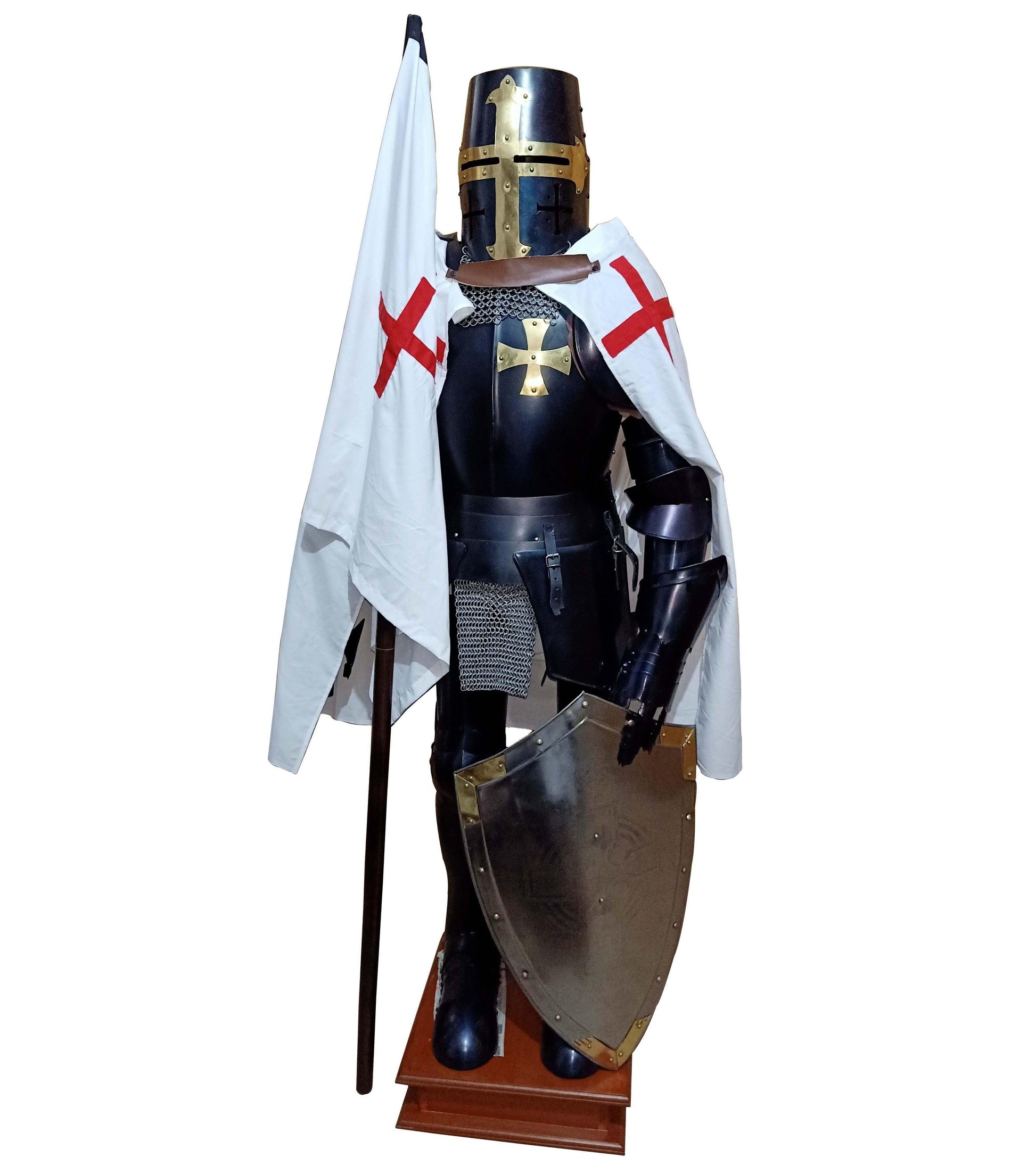 Crusader Templar Knight Medieval Armor Suit with Shield Cloak and Flag - collectiblegiftitems