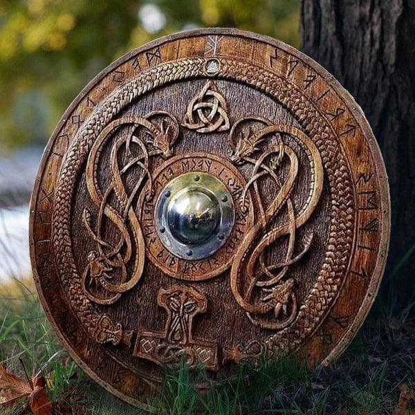 Carved Norse Runic Shield with Jörmungandr Ornaments, 24 Inches - collectiblegiftitems