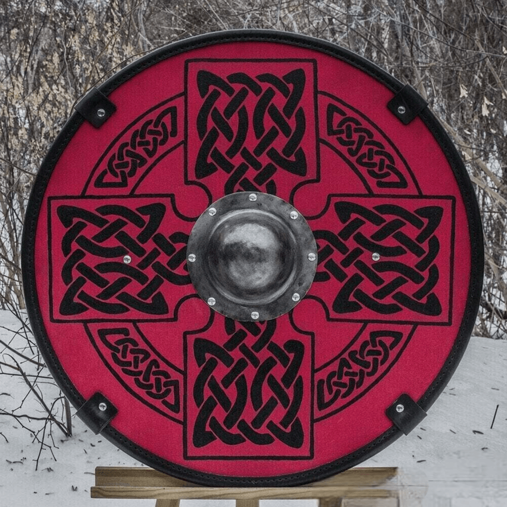 Glatter roter mittelalterlicher Schild mit keltischem Sonnenkreuz, 24" 