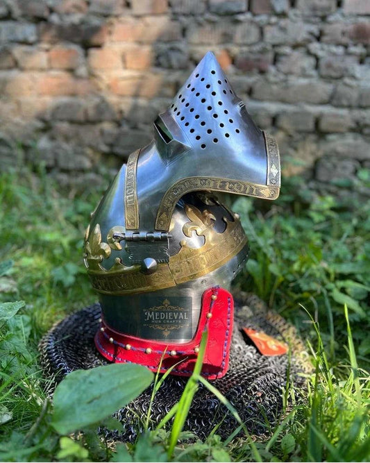 Medieval Royal Bacinet Crown Helmet,Medieval Bacinet Visor Helmet,With Chainmail - collectiblegiftitems