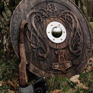 Handcarved Norse Runic Jörmungandr Ornaments Viking Shield, Large, 36 Inch - collectiblegiftitems