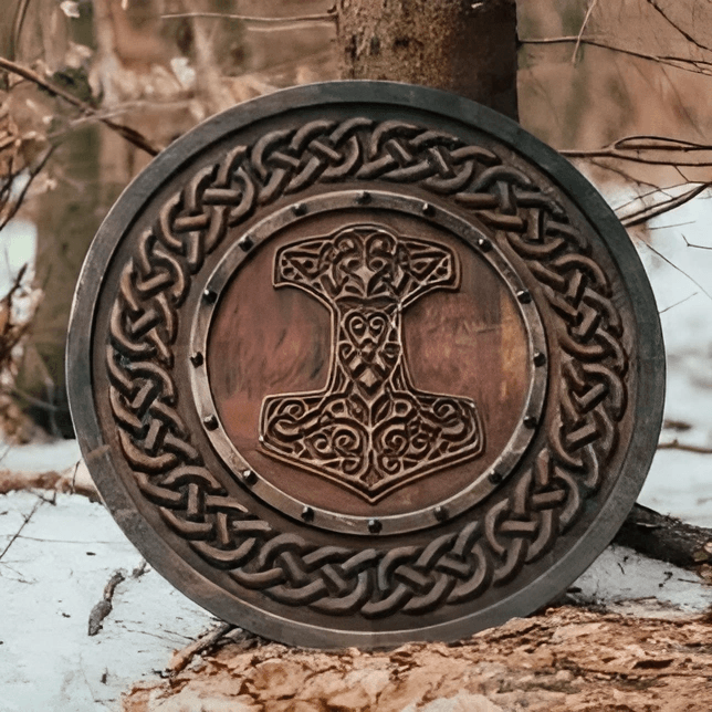 Geschnitzter Thors Hammer Mjolnir mit Knotenmuster, Wikingerschild, 24"