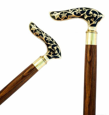 Vintage Designer Brass Handle Antique Style Victorian Cane Wooden Walking Stick - collectiblegiftitems