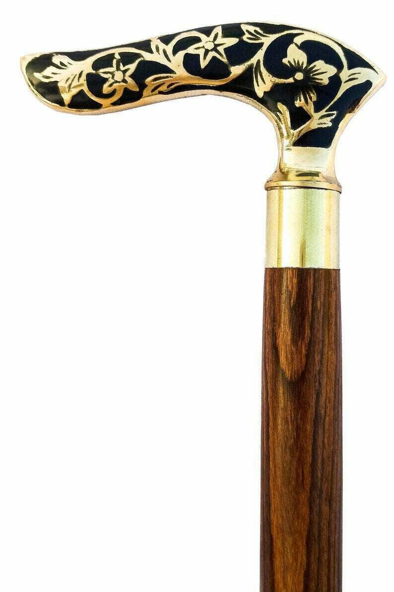 Vintage Designer Brass Handle Antique Style Victorian Cane Wooden Walking Stick - collectiblegiftitems