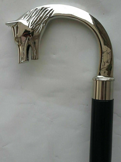 Vintage Silver Brass Wolf Head Handle Victorian Wooden Walking stick Shaft Cane - collectiblegiftitems