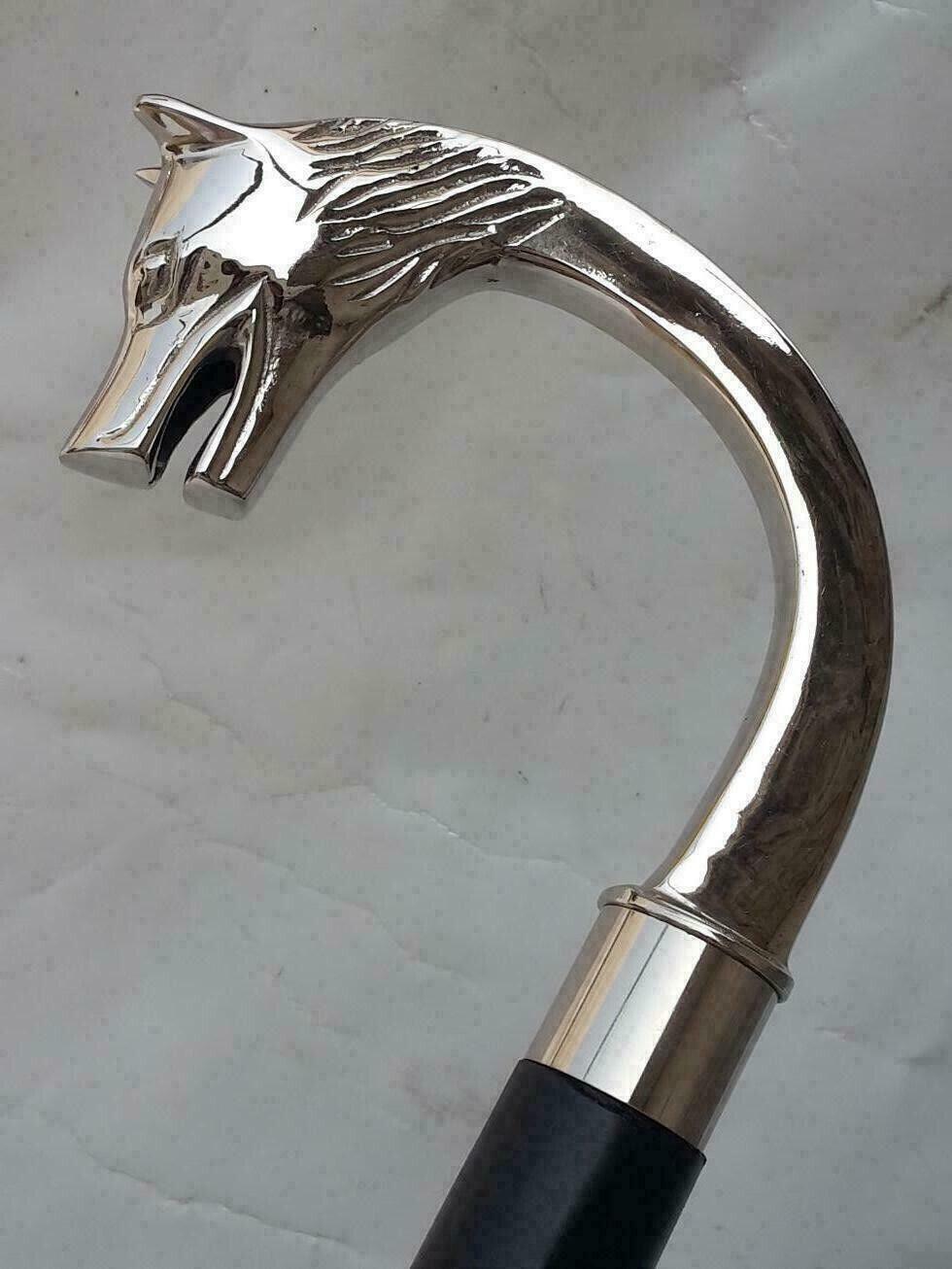 Vintage Silver Brass Wolf Head Handle Victorian Wooden Walking stick Shaft Cane - collectiblegiftitems