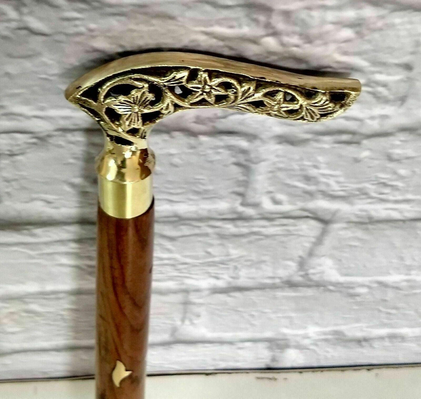 Antique Brass Victorian Handle Wooden Vintage Style Walking Stick Cane Designer - collectiblegiftitems