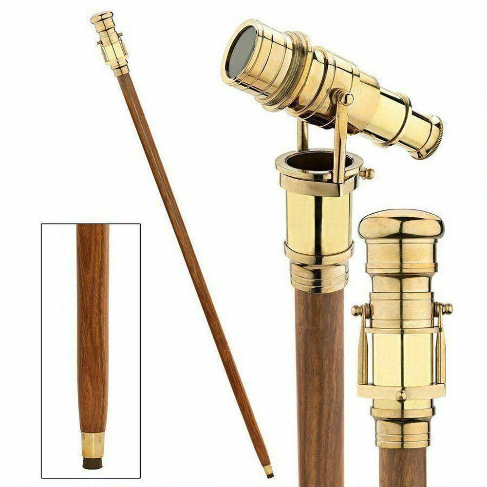 Vintage Nautical Wooden Walking Stick Cane with Brass Hidden Telescope Handle - collectiblegiftitems