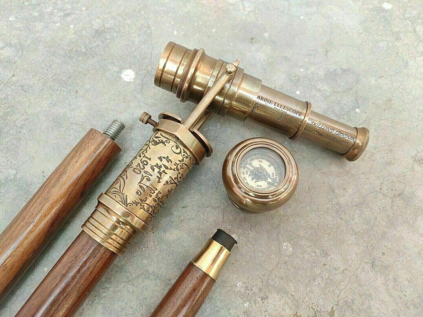 Victorian Spy Telescope & Antique Compass Brass Handle Wooden Walking stick Cane - collectiblegiftitems