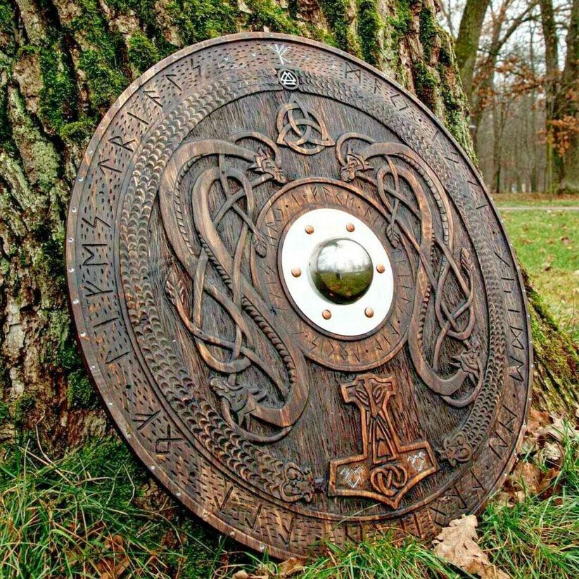 Handcarved Norse Runic Jörmungandr Ornaments Viking Shield, Large, 36 Inch - collectiblegiftitems