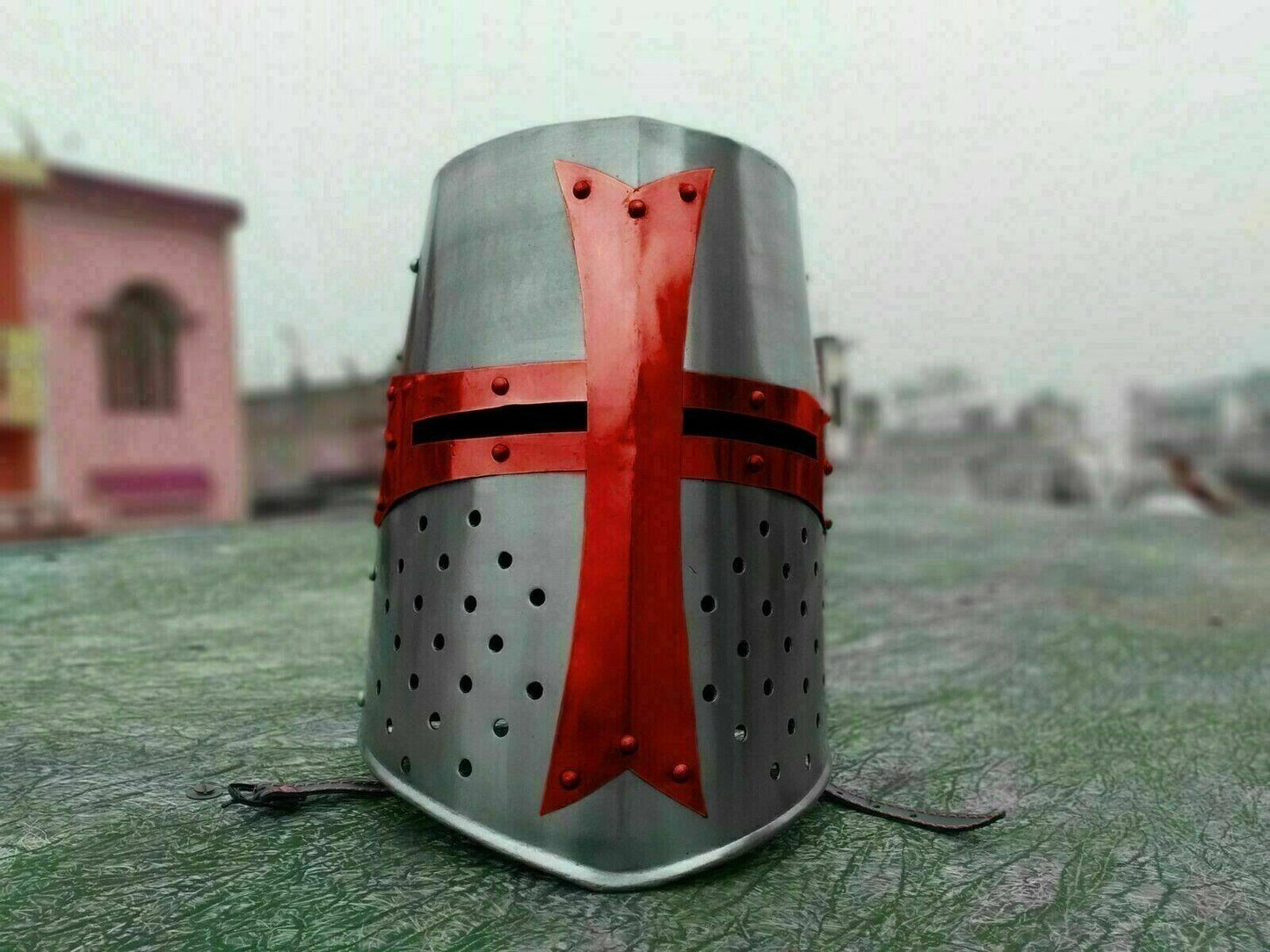 Medieval Brass Templar Crusader Helmet SCA LARP Great Helmet Knight Halloween - collectiblegiftitems