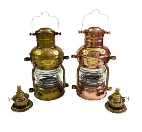 Set of 2 ~ Copper & Antique Finish Oil Lantern/Vintage Nautical Ship Oil Lamp/Hanging - collectiblegiftitems