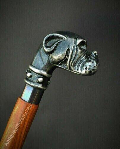 Vintage Bulldog Head Handle Victorian Walking Stick Wooden Cane Antique Gift - collectiblegiftitems